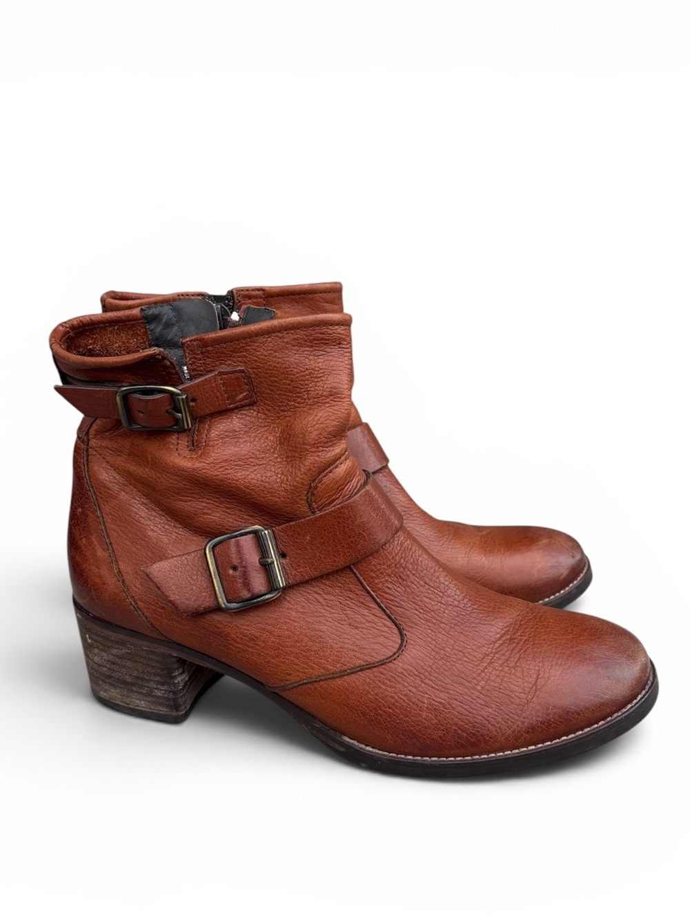 Paul Green München Cognac Leather Double Buckle Ankle Boots Women’s US 8 / EU 5½